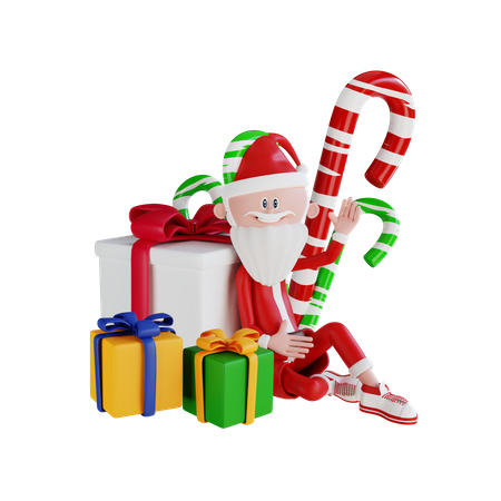 Papá Noel sentado al lado del regalo y los dulces  3D Illustration