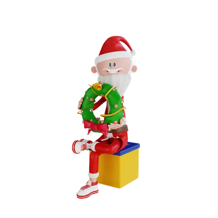 Papá Noel sentado y llevando una corona de Navidad  3D Illustration