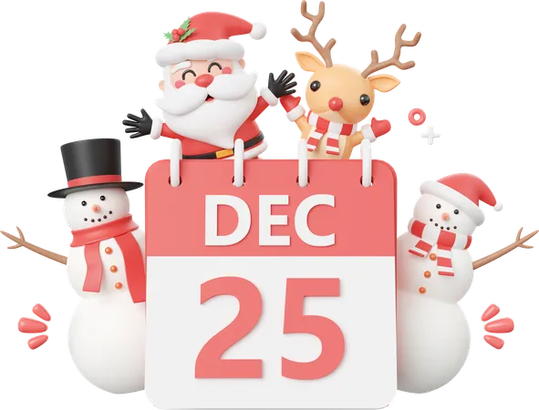 Papá Noel y amigo con calendario del 25 de diciembre.  3D Icon