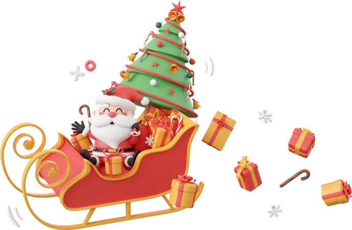 Santa claus y árbol de navidad y regalo en trineo  3D Icon