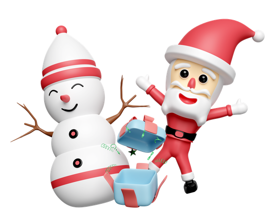 Santa claus y muñeco de nieve con regalo  3D Icon