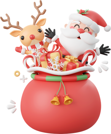 Santa claus y renos con bolsa de regalo de navidad  3D Icon