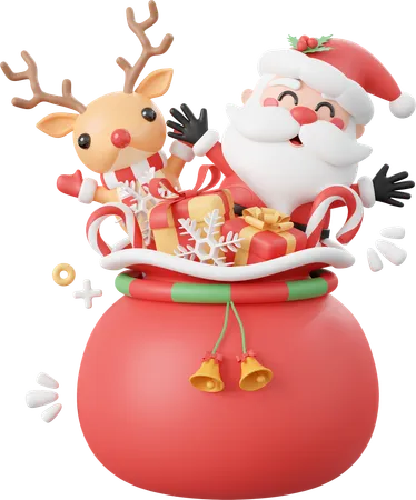 Santa claus y renos con bolsa de regalo de navidad  3D Icon