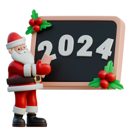 Papá Noel borrando el año 2024 en una pizarra  3D Illustration