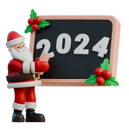 Papá Noel borrando el año 2024 en una pizarra  3D Illustration