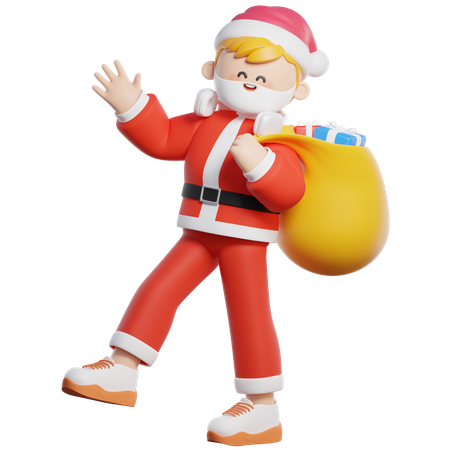 Papá Noel caminando con bolsa de regalos  3D Illustration