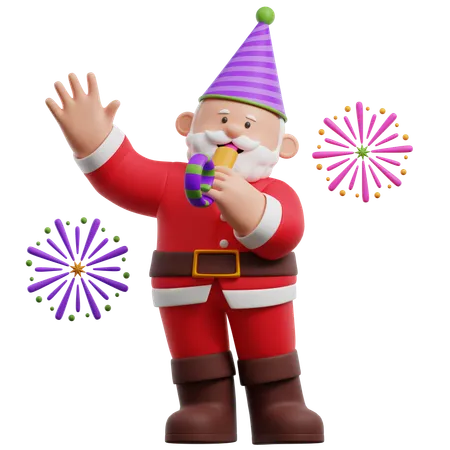 Papá Noel celebra el año nuevo con fuegos artificiales  3D Illustration