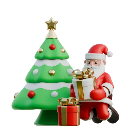 Papá Noel colocando regalos bajo el árbol  3D Illustration