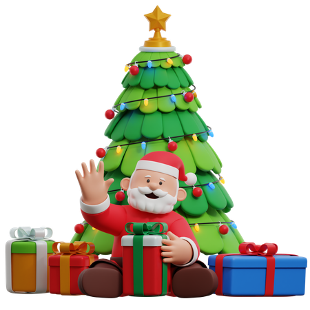 Papá Noel con árbol de Navidad y regalos  3D Illustration