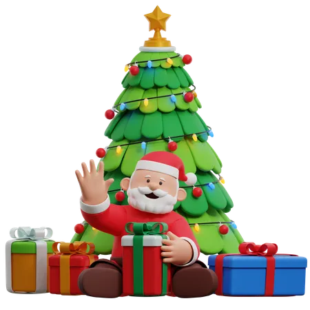 Papá Noel con árbol de Navidad y regalos  3D Illustration