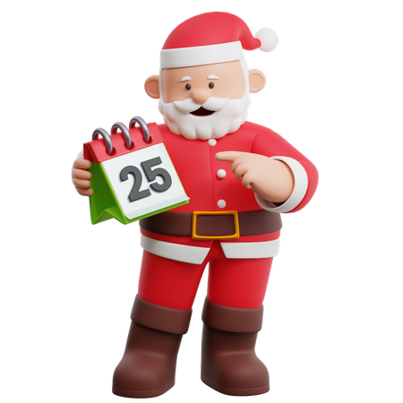 Papá Noel sosteniendo un calendario el 25 de diciembre  3D Illustration