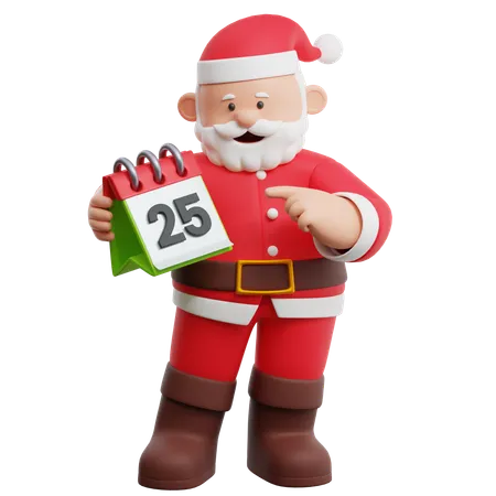 Papá Noel sosteniendo un calendario el 25 de diciembre  3D Illustration