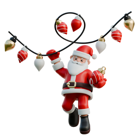 Papá Noel con una cadena de luces navideñas enredadas  3D Illustration