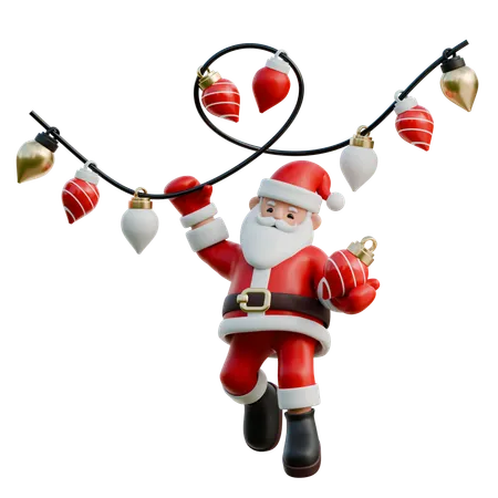 Papá Noel con una cadena de luces navideñas enredadas  3D Illustration