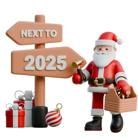 Papá Noel con una caja de herramientas junto al año 2025  3D Illustration