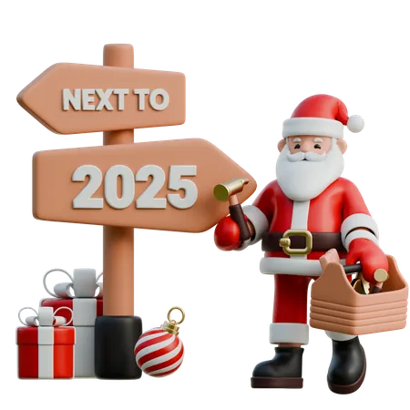 Papá Noel con una caja de herramientas junto al año 2025  3D Illustration