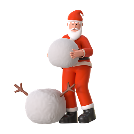 Papá Noel construye un muñeco de nieve  3D Illustration