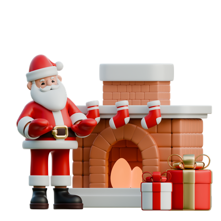 Papá Noel de pie junto a la chimenea  3D Illustration