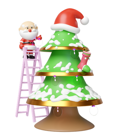 Papá Noel decorando el árbol de Navidad.  3D Illustration