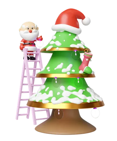 Papá Noel decorando el árbol de Navidad.  3D Illustration