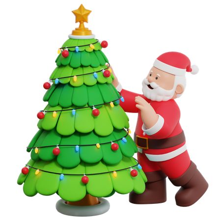 Papá Noel decorando el árbol de Navidad.  3D Illustration