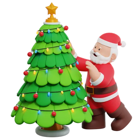 Papá Noel decorando el árbol de Navidad.  3D Illustration