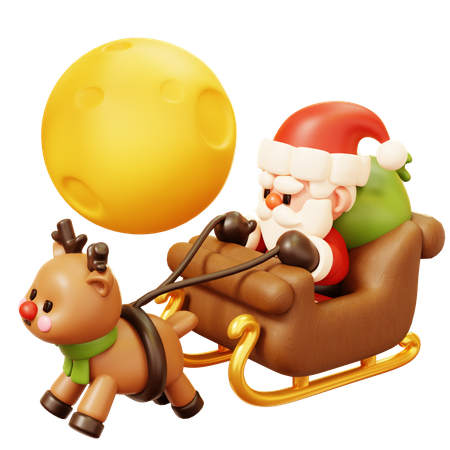 Papá Noel en trineo volando con renos entrega regalos por la noche  3D Icon