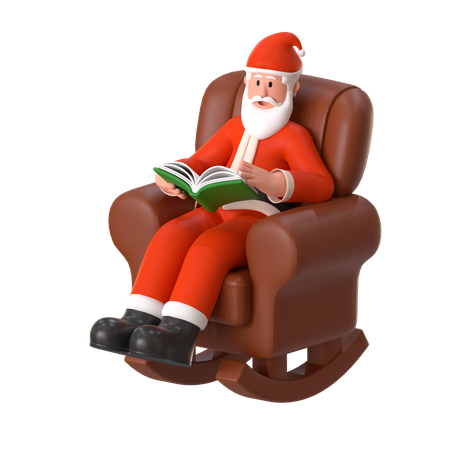 Papá Noel se sienta en una mecedora leyendo un libro  3D Illustration