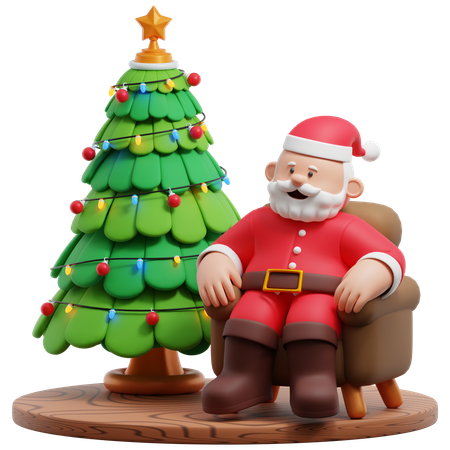 Papá Noel sentado en el sofá con decoración de árbol de Navidad  3D Illustration