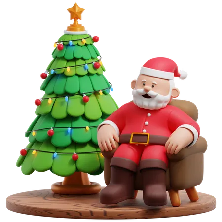 Papá Noel sentado en el sofá con decoración de árbol de Navidad  3D Illustration