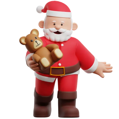 Papá Noel sosteniendo un osito de peluche  3D Illustration