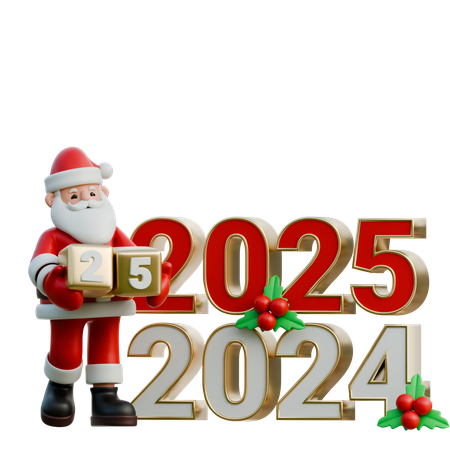 Papai Noel Ajustando os Dígitos 2024 e 2025  3D Illustration