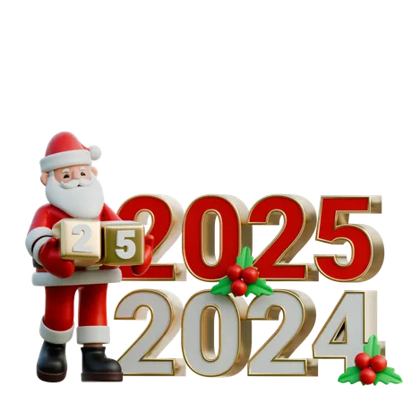 Papai Noel Ajustando os Dígitos 2024 e 2025  3D Illustration