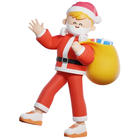 Papai Noel andando com sacola de presentes  3D Illustration