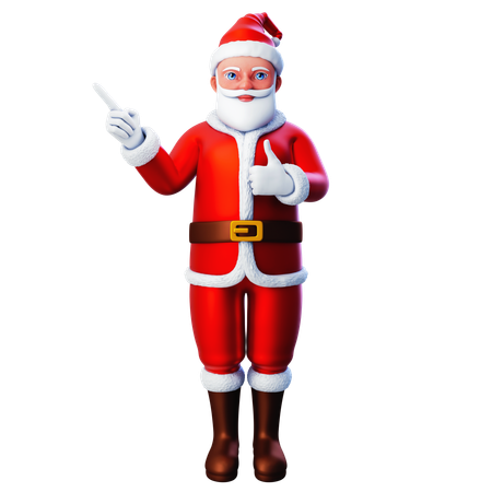 Papai Noel apontando para o lado superior esquerdo e a outra mão mostrando o gesto do polegar para cima  3D Illustration