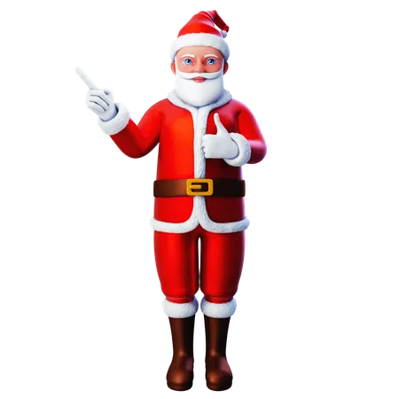 Papai Noel apontando para o lado superior esquerdo e a outra mão mostrando o gesto do polegar para cima  3D Illustration