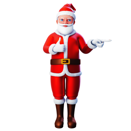 Papai Noel apontando para o lado direito e ou mão mostrando gesto de polegar para cima  3D Illustration