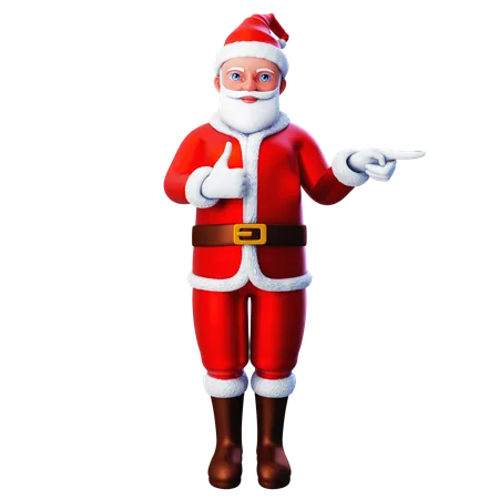 Papai Noel apontando para o lado direito e ou mão mostrando gesto de polegar para cima  3D Illustration