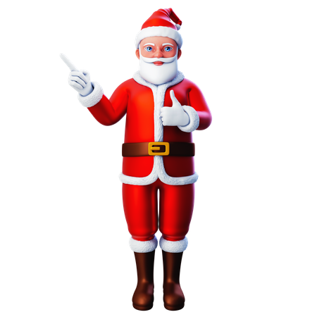 Papai Noel apontando para o lado superior esquerdo e a outra mão mostrando o gesto do polegar para cima  3D Icon