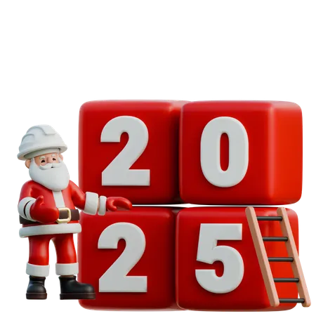 Papai Noel colocando um chapéu de construção enquanto ajusta 2025  3D Illustration