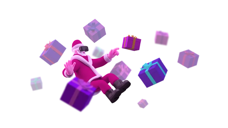Papai Noel com óculos VR flutuando no ar com caixas de presente  3D Illustration