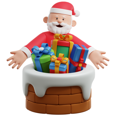 Papai noel com presentes de natal na chaminé  3D Illustration