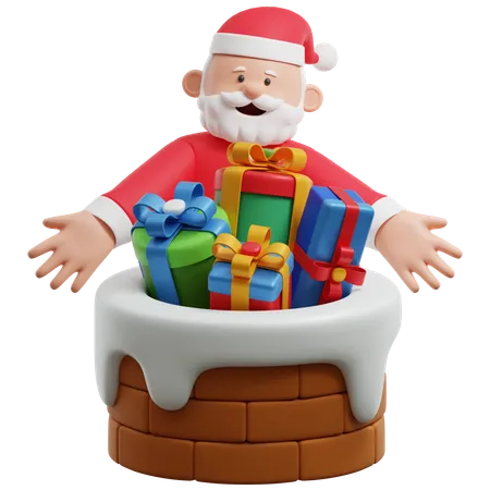 Papai noel com presentes de natal na chaminé  3D Illustration