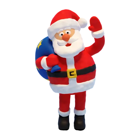 Papai Noel com sacola de presentes e acenando com a mão  3D Illustration