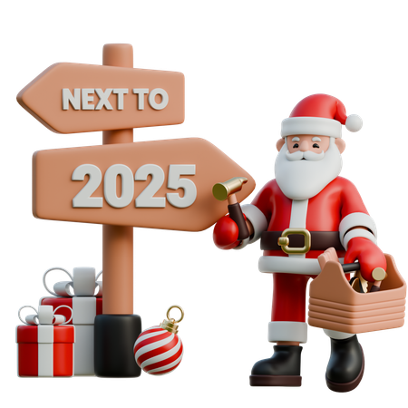 Papai Noel com uma caixa de ferramentas ao lado de 2025  3D Illustration