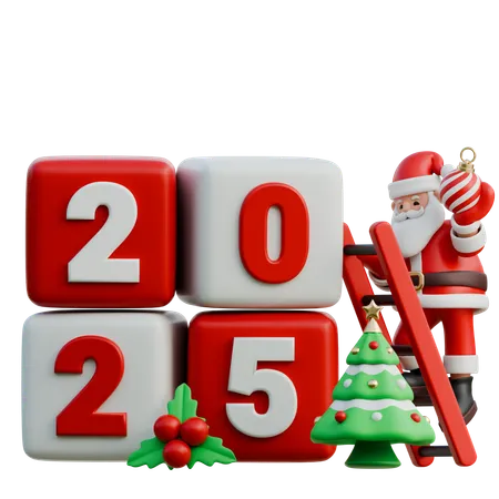 Papai Noel com uma escada ajustando 2025  3D Illustration