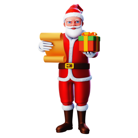 Papai Noel dando caixa de presente de Natal da lista de papel  3D Illustration