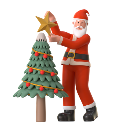 Papai noel decora a árvore de natal  3D Illustration