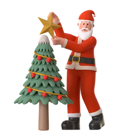 Papai noel decora a árvore de natal  3D Illustration