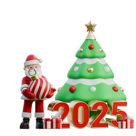 Papai Noel Decorando 2025 Com Uma Pequena Árvore  3D Illustration